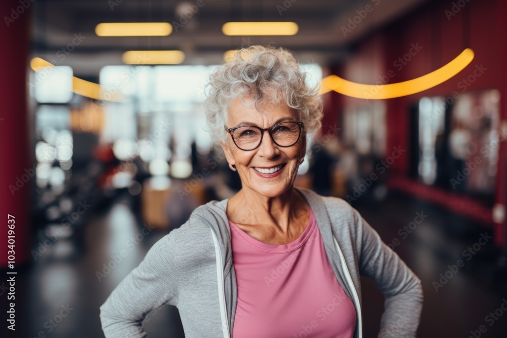 Portrait of a grinning elderly woman in her 90s wearing a chic cardigan while standing against dynamic fitness gym background Portrait of a grinning elderly woman in her 90s wearing a chic cardigan while standing against dynamic fitness gym background