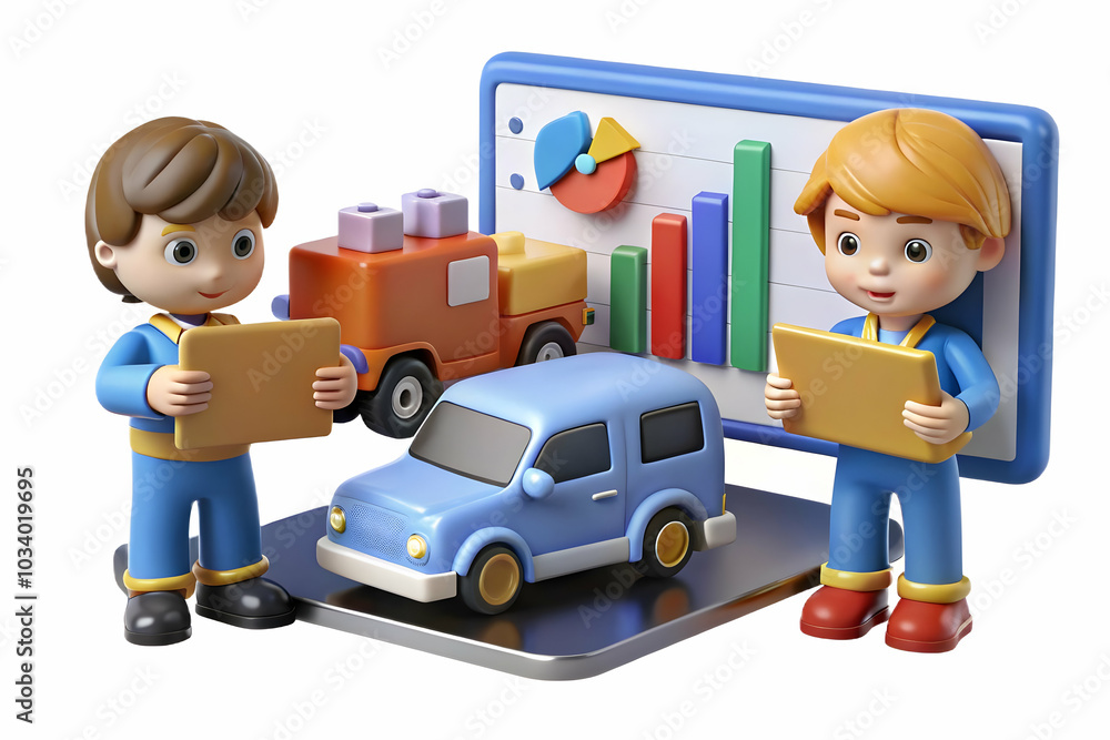 Kids Managing a Toy Fleet: Two Organized Children Overseeing a Fleet of Toy Vehicles with Charts and Maps in a Teamwork Concept on a Glossy Background Kids Managing a Toy Fleet: Two Organized Children Overseeing a Fleet of Toy Vehicles with Charts and Maps in a Teamwork Concept on a Glossy Background