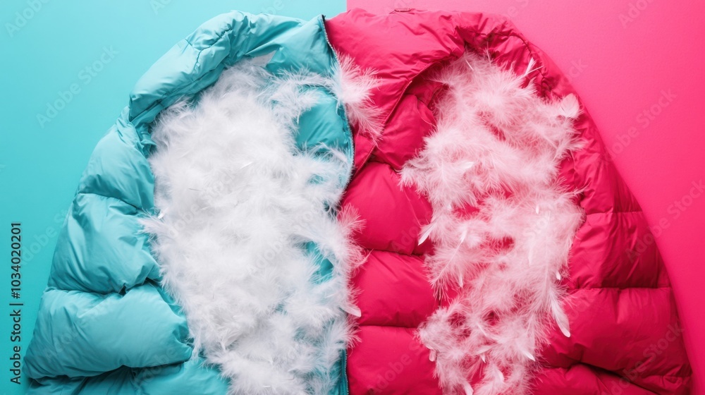 custom made wallpaper toronto digitalA vibrant background contrasts with a filled down jacket featuring a striking white feather in the center, showcasing a unique textile art piece