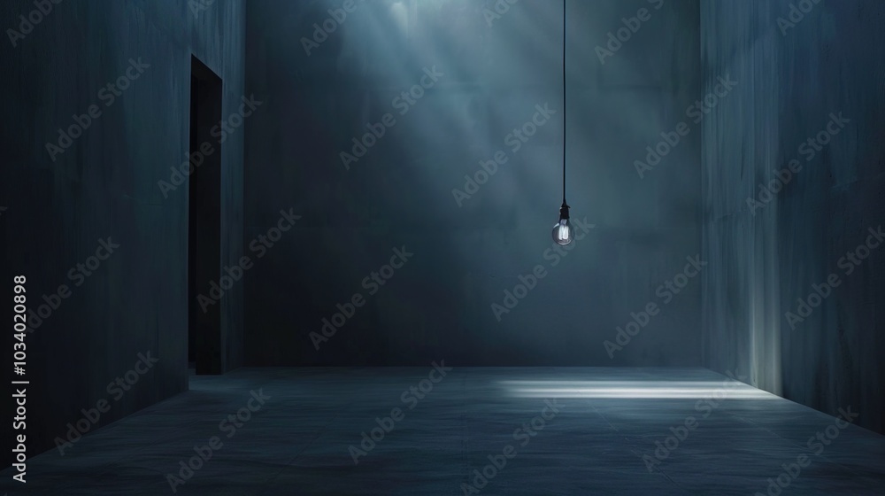 Dark empty room with single flickering light bulb casting long shadows, emphasizing absence of power and eerie atmosphere, minimalist setting with focus on light bulb's glow. Dark empty room with single flickering light bulb casting long shadows, emphasizing absence of power and eerie atmosphere, minimalist setting with focus on light bulb's glow.