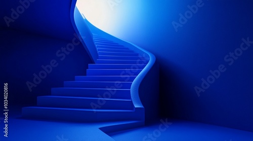 Mesmerizing blue spiral staircase ascending into mysterious light, evoking dreams of progress and enlightenment. Sleek curves and shadows create a surreal, futuristic ambiance. photo