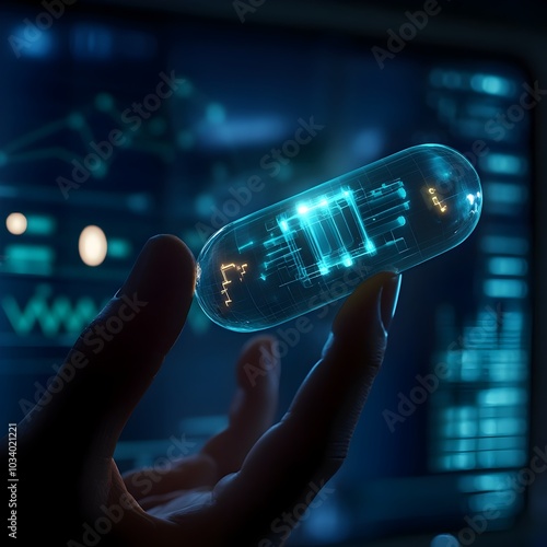 Close up of a hand holding a transparent capsule containing a glowing nanodrug with a futuristic medical lab setting and digital graphs in the background photo