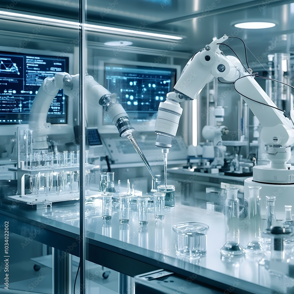 Robotic arms carefully testing drug solubility by examining various chemical solutions in a bright high tech laboratory setting with digital monitors displaying intricate analytical processes Robotic arms carefully testing drug solubility by examining various chemical solutions in a bright high tech laboratory setting with digital monitors displaying intricate analytical processes