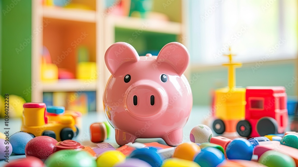Obraz premium Piggy bank surrounded by colorful children's toys, representing teaching kids about financial responsibility.