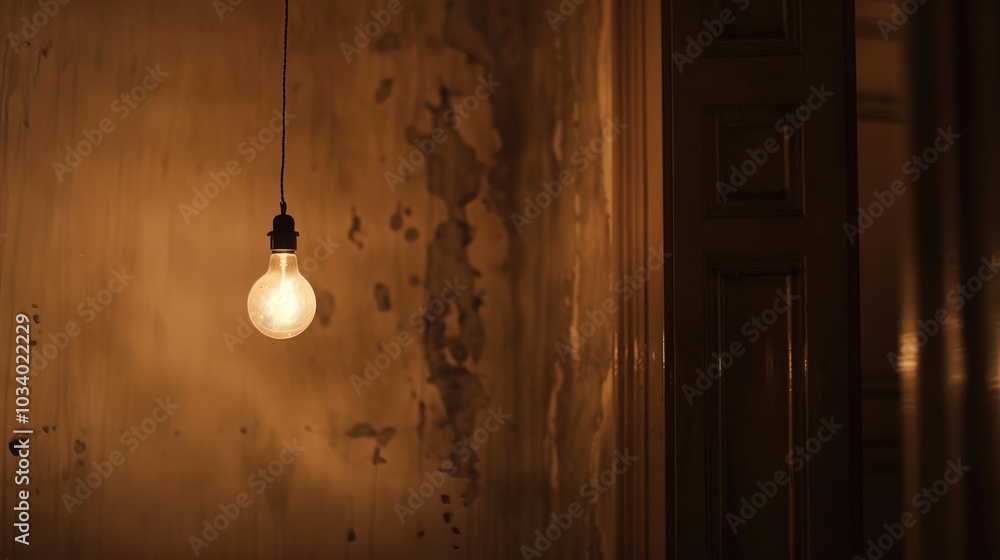 Dark empty room with single flickering light bulb casting long shadows, emphasizing absence of power and eerie atmosphere, minimalist setting with focus on light bulb's glow. Dark empty room with single flickering light bulb casting long shadows, emphasizing absence of power and eerie atmosphere, minimalist setting with focus on light bulb's glow.