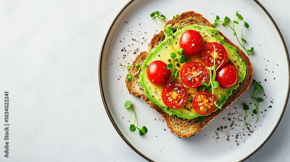 A vibrant avocado toast features ripe cherry tomatoes and fresh microgreens, elegantly presented on whole grain bread, ready to be enjoyed for a nutritious breakfast A vibrant avocado toast features ripe cherry tomatoes and fresh microgreens, elegantly presented on whole grain bread, ready to be enjoyed for a nutritious breakfast