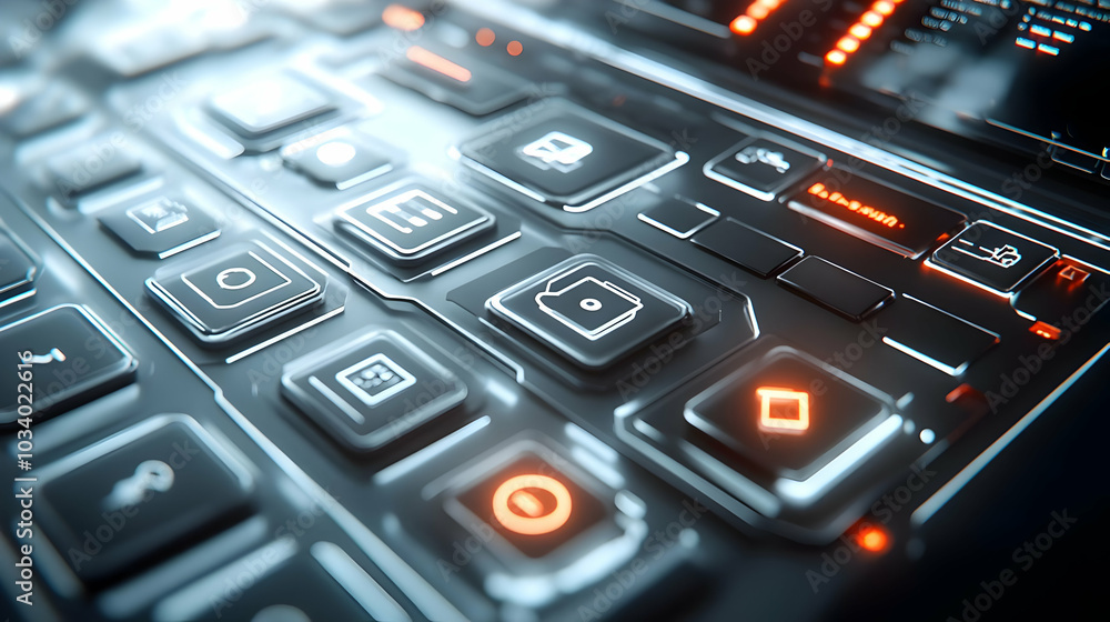 3D Macro Image of Futuristic Keyboard Keys for Digital Commerce and Revenue with Innovative Symbols, Close Up on Clean White Background 3D Macro Image of Futuristic Keyboard Keys for Digital Commerce and Revenue with Innovative Symbols, Close Up on Clean White Background
