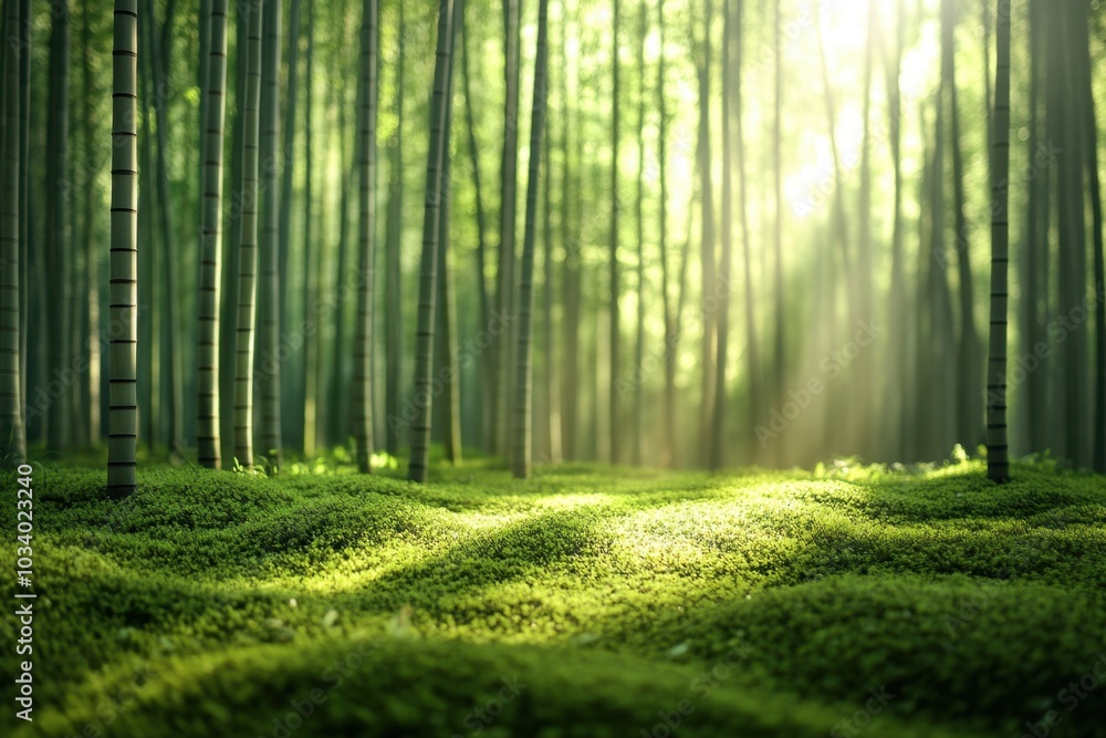 A serene bamboo forest with tall, slender bamboo stalks swaying gently in the wind, sunlight filtering through the leaves, casting dappled shadows on the soft moss-covered ground, peaceful and quiet. A serene bamboo forest with tall, slender bamboo stalks swaying gently in the wind, sunlight filtering through the leaves, casting dappled shadows on the soft moss-covered ground, peaceful and quiet.