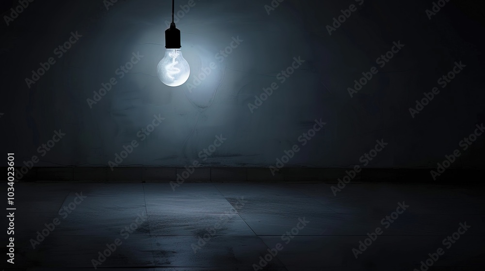 Dark empty room with single flickering light bulb casting long shadows, emphasizing absence of power and eerie atmosphere, minimalist setting with focus on light bulb's glow. Dark empty room with single flickering light bulb casting long shadows, emphasizing absence of power and eerie atmosphere, minimalist setting with focus on light bulb's glow.