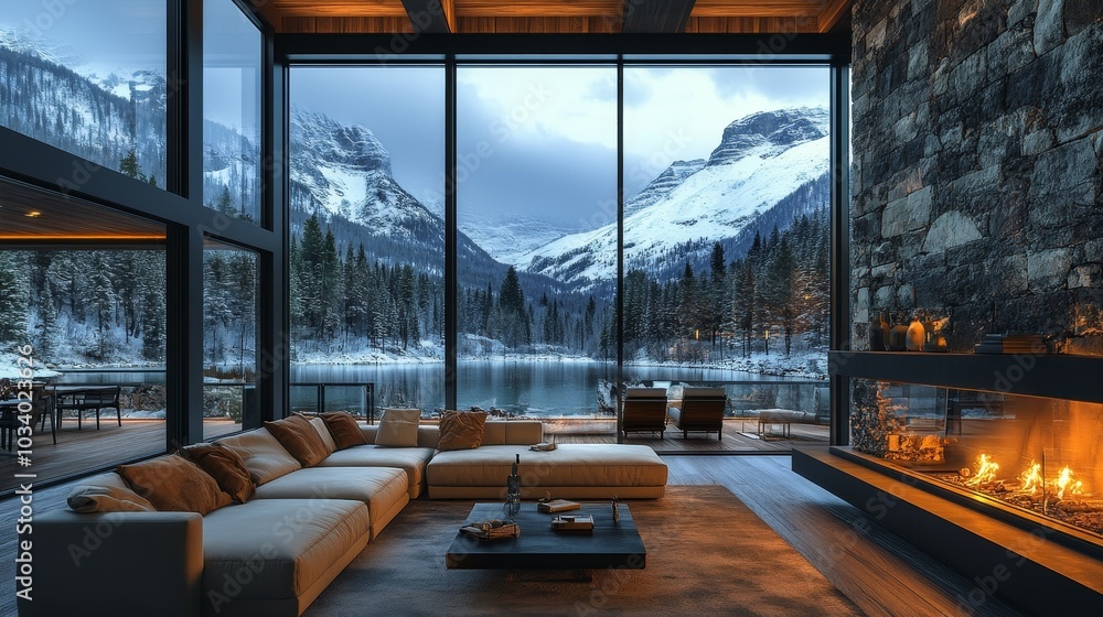 Cozy modern mountain mansion interior with large glass windows overlooking snowy peaks and forest. Warm fireplace glow at night, creating a tranquil and luxurious atmosphere. Cozy modern mountain mansion interior with large glass windows overlooking snowy peaks and forest. Warm fireplace glow at night, creating a tranquil and luxurious atmosphere.