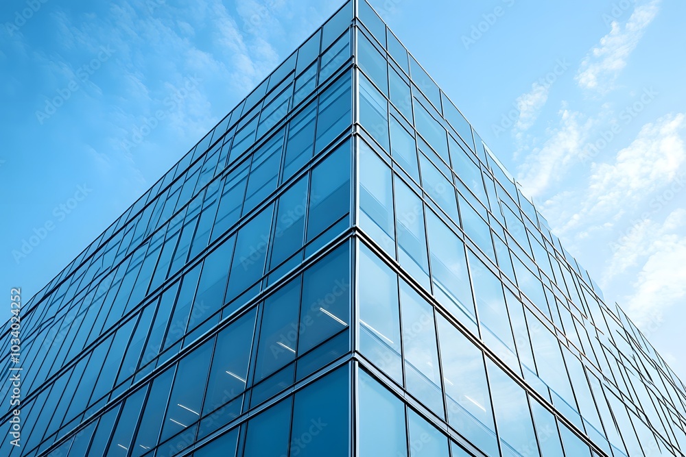 Modern Office Building with Glass Facade Against a Blue Sky Modern Office Building with Glass Facade Against a Blue Sky