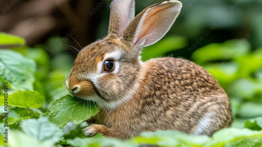 Fototapeta premium Adorable baby rabbit bunny eating vegetable sitting on green grass spring time over bokeh nature background. Cuddly furry rabbit eat fresh vegetable at outdoor. Easter animal concept.