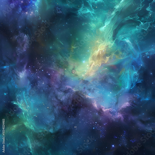 A vibrant nebula of blues, purples, and greens in space with stars, a background image for website design. 