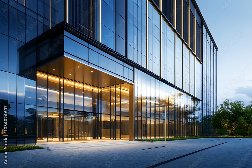 Modern Glass Building Entrance with Illuminated Canopy Modern Glass Building Entrance with Illuminated Canopy