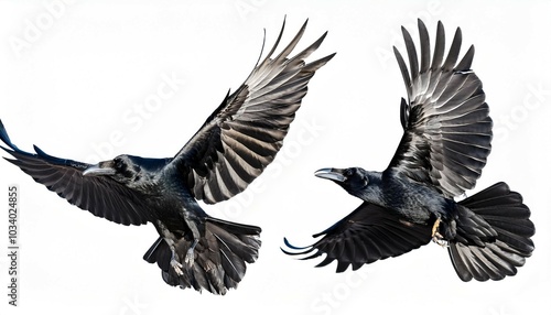 a set of flying birds a black raven in flight isolated on a white background a group of bird crows detailed high definition image