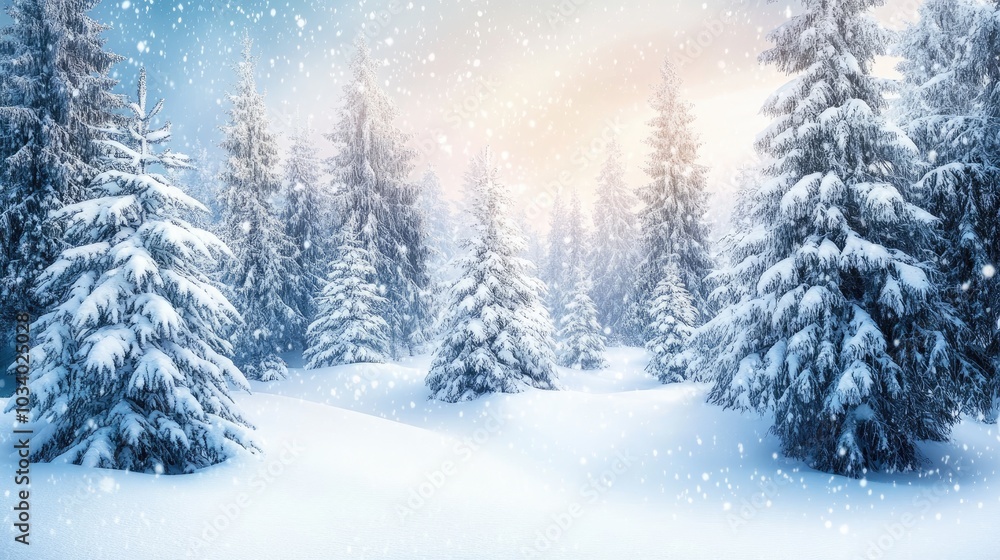 Snowfall in a magical winter forest with snow-covered fir trees and fluffy snowdrifts, creating a serene Merry Christmas and New Year backdrop. Snowfall in a magical winter forest with snow-covered fir trees and fluffy snowdrifts, creating a serene Merry Christmas and New Year backdrop.