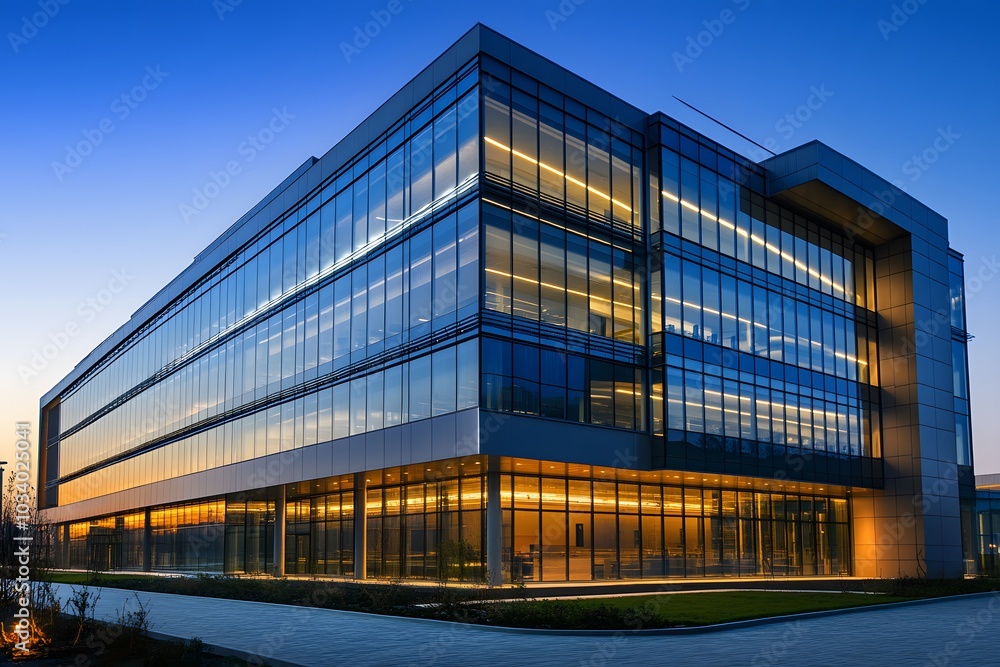 Modern Glass Office Building Illuminated at Dusk Modern Glass Office Building Illuminated at Dusk