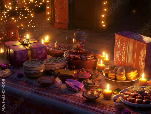 A festive table adorned with sweets, candles, and gifts, celebrating a joyful occasion. photo