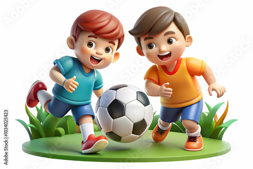 Kids Playing with a Soccer Ball in the Park - Energetic Kids Showcasing Athleticism and Teamwork in a Vibrant Outdoor Environment with Glossy Background and Copy Space for Stock Photo Concept