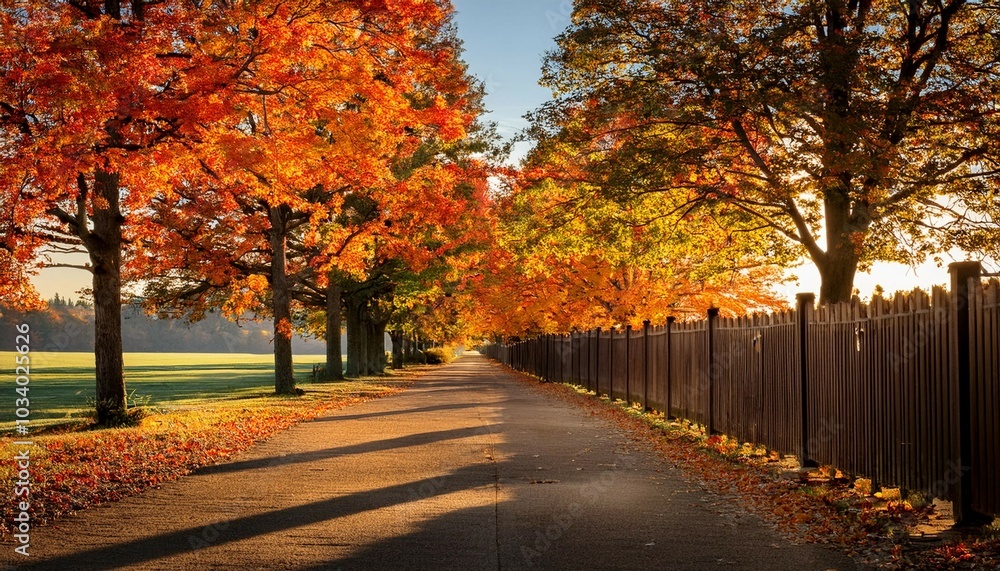 Naklejka premium autumn tree lined driveway and fence