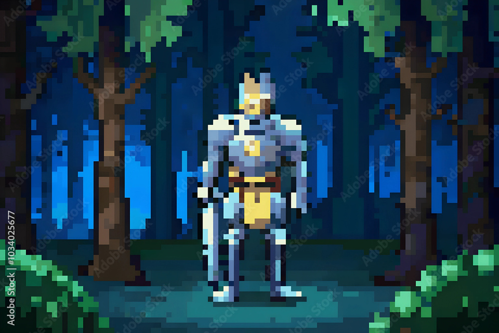 Fototapeta premium Pixel Art Knight Standing in Enchanted Forest at Night