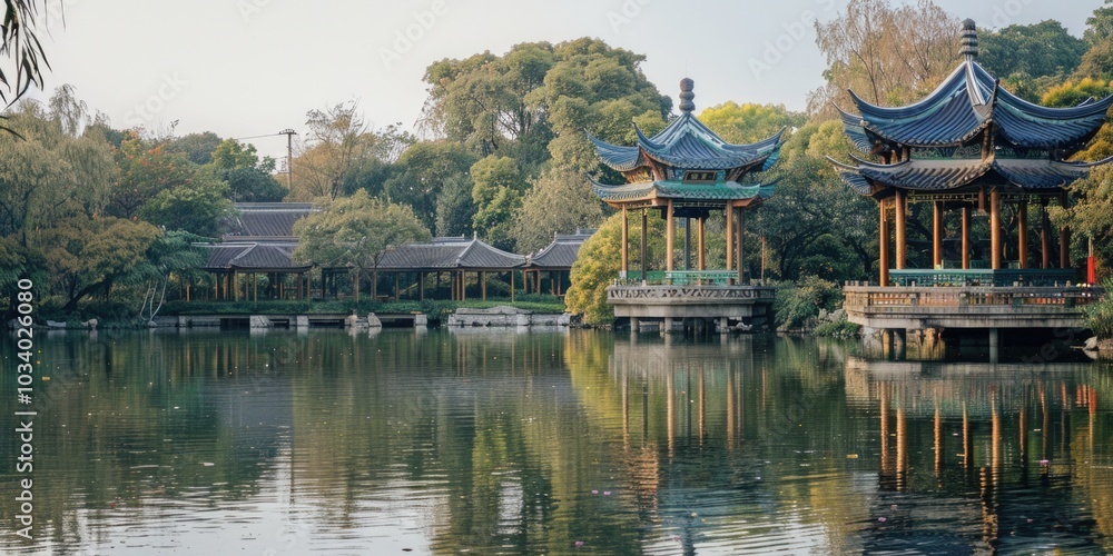 A serene lake scene featuring multiple pagodas in the center, surrounded by lush greenery A serene lake scene featuring multiple pagodas in the center, surrounded by lush greenery