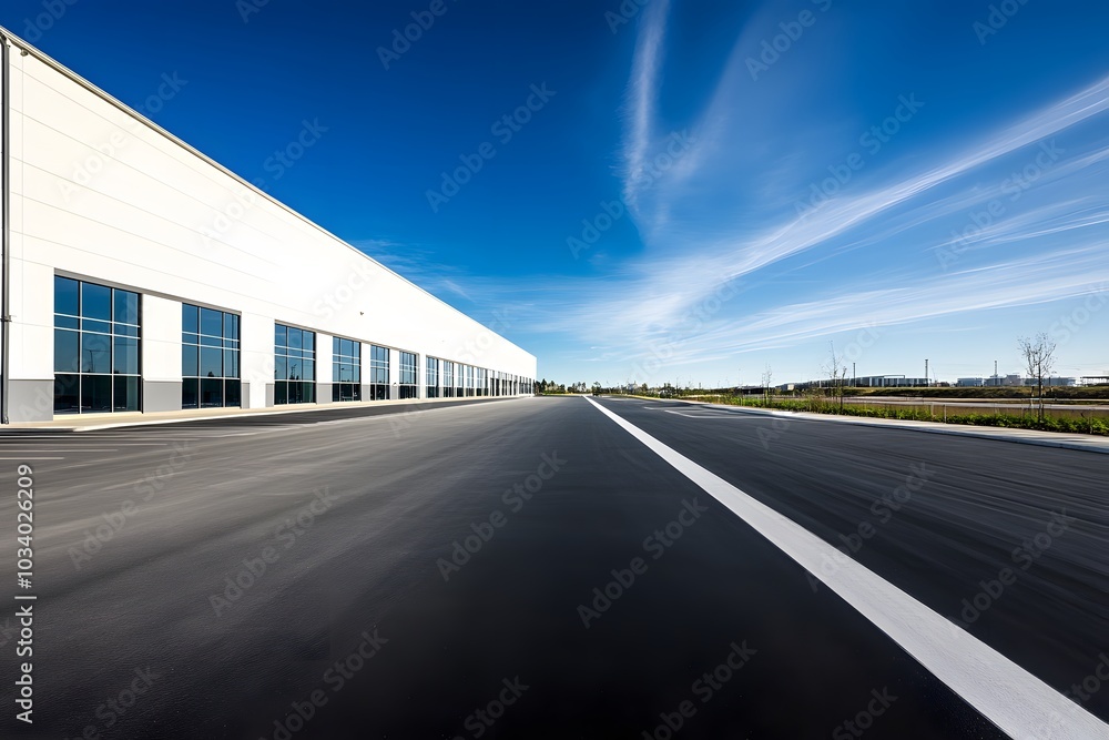 Fototapeta premium White Warehouse Building with Large Windows and Empty Parking Lot