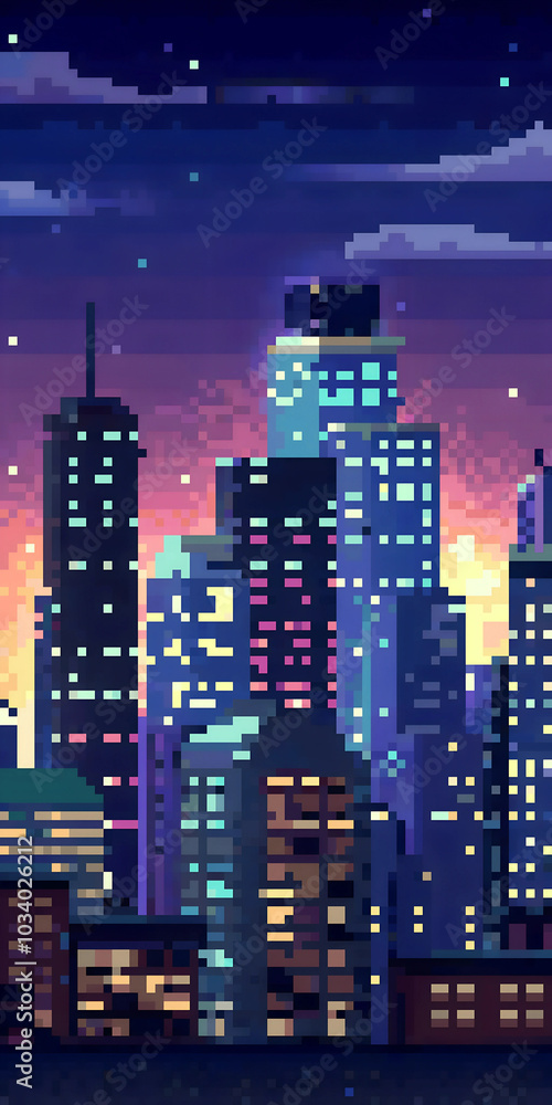 Vibrant Pixel Art Cityscape at Night with Illuminated Skyscrapers Vibrant Pixel Art Cityscape at Night with Illuminated Skyscrapers