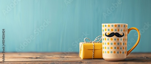 Coffee cup with mustache design & yellow gift box on wooden table against blue background hint at celebration or special occasion, like Father's Day. photo