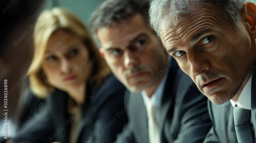Team engages in a tense discussion during a crucial meeting in a modern office setting Team engages in a tense discussion during a crucial meeting in a modern office setting