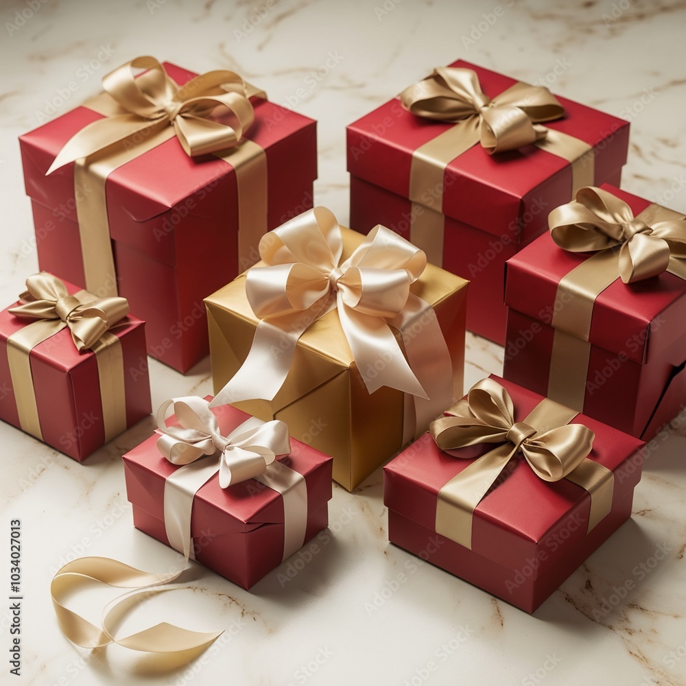 Obraz premium Luxurious collection of festive red and gold gift boxes wrapped with elegant satin ribbons for holiday celebration and giving.