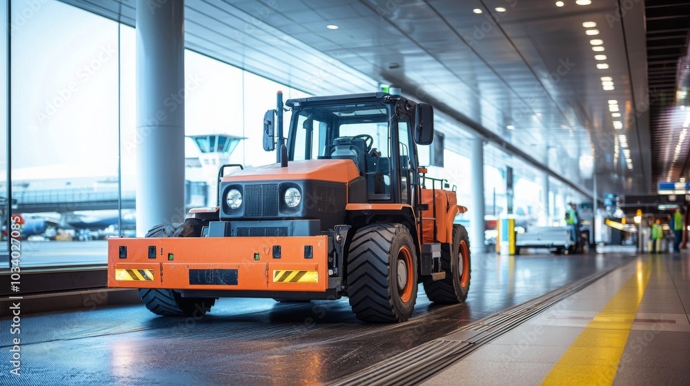 Tow tractor pulling luggage carts at airport apron Tow tractor pulling luggage carts at airport apron