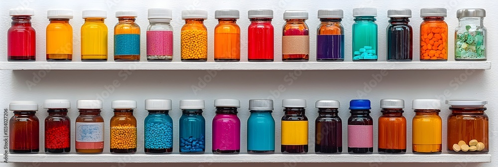 Orderly Rows of Various Medication Bottles Neatly Displayed on Pharmacy Shelves Providing a Clean and Organized Look for the Healthcare Industry Orderly Rows of Various Medication Bottles Neatly Displayed on Pharmacy Shelves Providing a Clean and Organized Look for the Healthcare Industry
