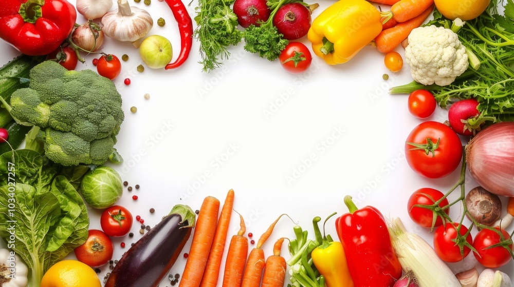 Colorful vegetables (carrots, tomatoes, peppers, broccoli) arranged in a dynamic circular pattern on a white background, creating a vibrant and fresh image. Colorful vegetables (carrots, tomatoes, peppers, broccoli) arranged in a dynamic circular pattern on a white background, creating a vibrant and fresh image.