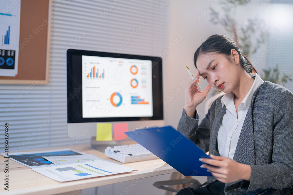 Businesswoman is feeling stressed and having a headache while reviewing financial documents and using a computer at her office desk Businesswoman is feeling stressed and having a headache while reviewing financial documents and using a computer at her office desk
