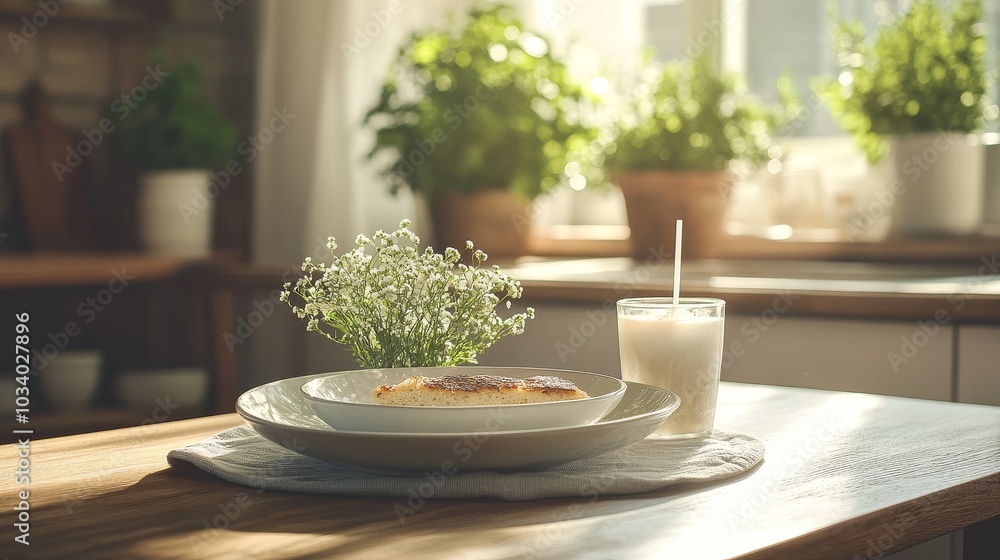 An elegant American breakfast paired with iced American coffee is presented on a white plate, adorned with a pot of green plants and set against the backdrop of a simple Nordic style kitchen. An elegant American breakfast paired with iced American coffee is presented on a white plate, adorned with a pot of green plants and set against the backdrop of a simple Nordic style kitchen.
