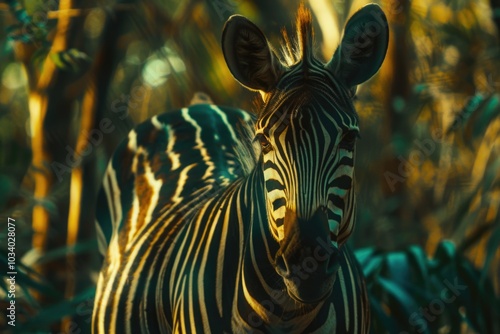 A zebra standing in the middle of a forest, looking around photo