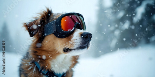 A playful dog wearing ski goggles in a snowstorm, embodying the spirit of adventure and winter fun. Perfect for themes of pets, outdoor activities, and capturing joyful moments in nature photo