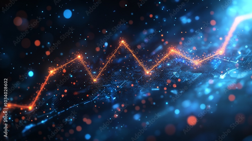 The curved arrow chart with a futuristic feel represents business growth, accompanied by a motion light effect pointing to the upper right corner and a dark blue background The curved arrow chart with a futuristic feel represents business growth, accompanied by a motion light effect pointing to the upper right corner and a dark blue background