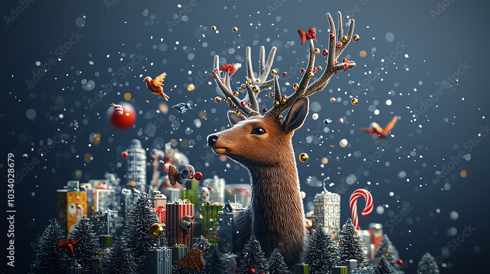 Fototapeta premium Deer with candy cane flat design, front view, winter fair theme, cartoon drawing, colored pastel