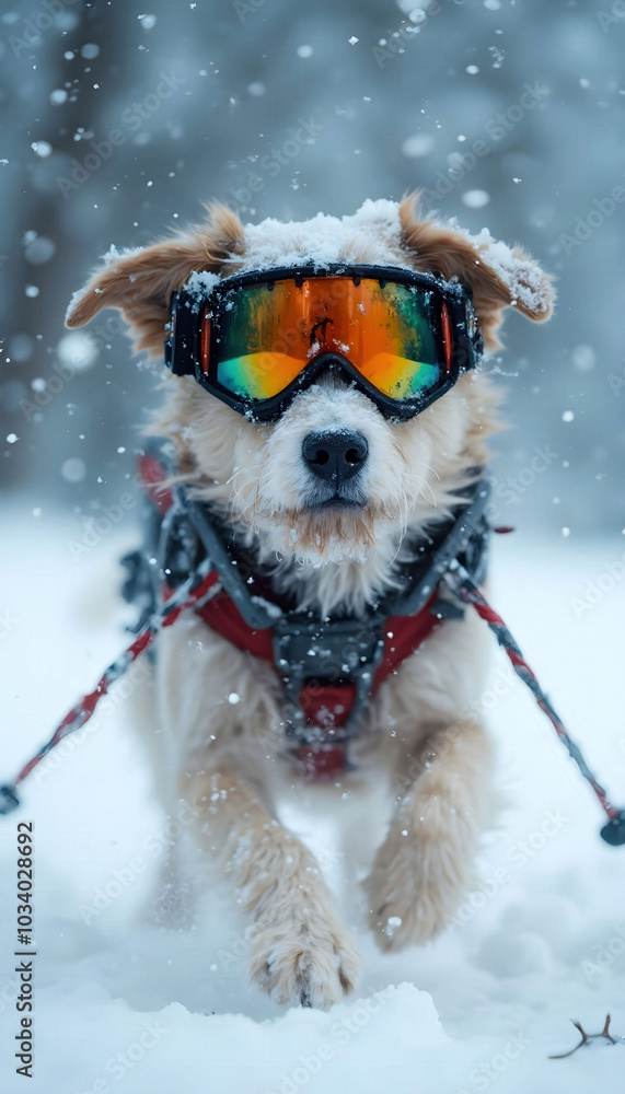 A playful dog wearing ski goggles in a snowstorm, embodying the spirit of adventure and winter fun. Perfect for themes of pets, outdoor activities, and capturing joyful moments in nature A playful dog wearing ski goggles in a snowstorm, embodying the spirit of adventure and winter fun. Perfect for themes of pets, outdoor activities, and capturing joyful moments in nature