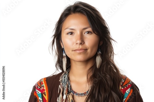 Portrait of Native American Woman With Feather Earrings and Traditional Clothing, Isolated on White Background