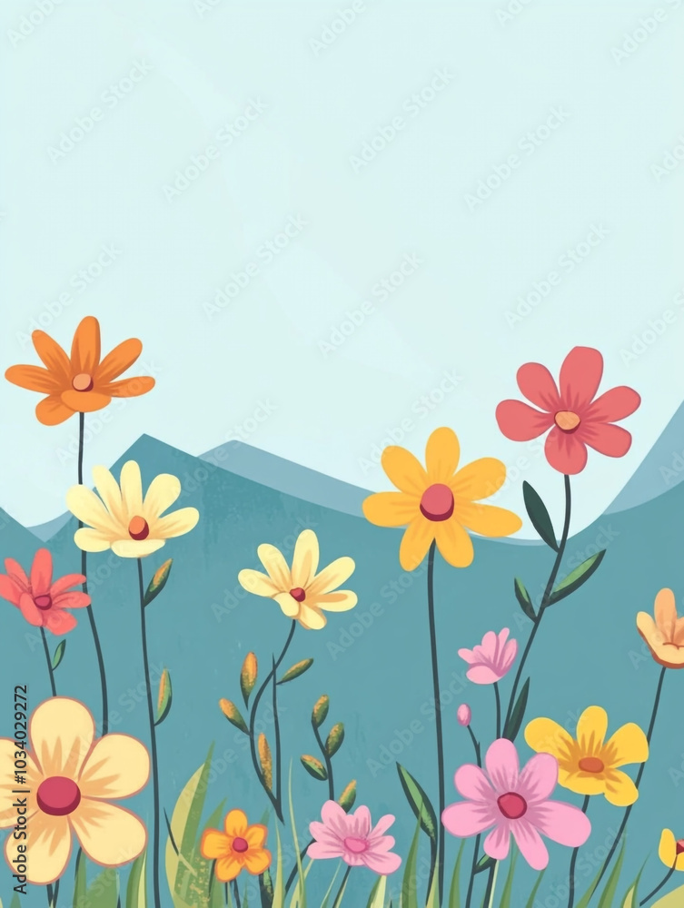 Fototapeta premium A field of flowers with mountains in the background. The flowers are in various colors and the sky is blue