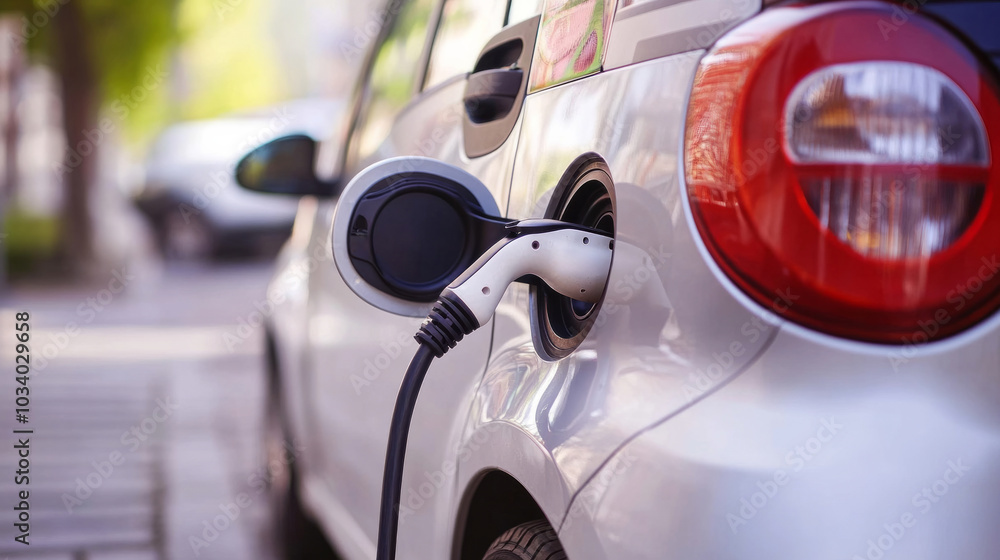Charging an electric car battery at a charging station on a sunny day in a city environment Charging an electric car battery at a charging station on a sunny day in a city environment