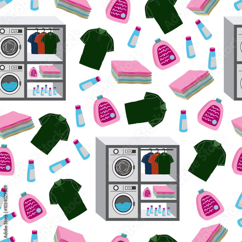 Seamless Pattern with Laundry Tools Elements. Washing machine, washing powder, stack of clothes. Vector Flat illustration. Shelves