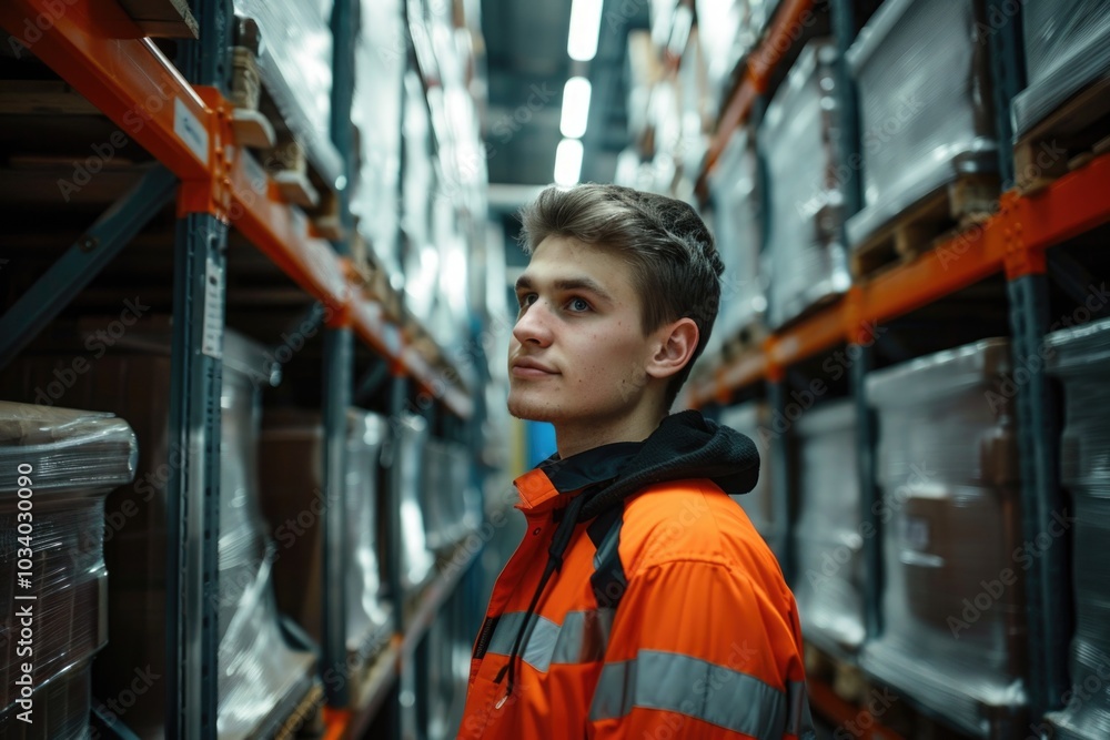 A person wearing an orange safety vest stands in a warehouse setting A person wearing an orange safety vest stands in a warehouse setting