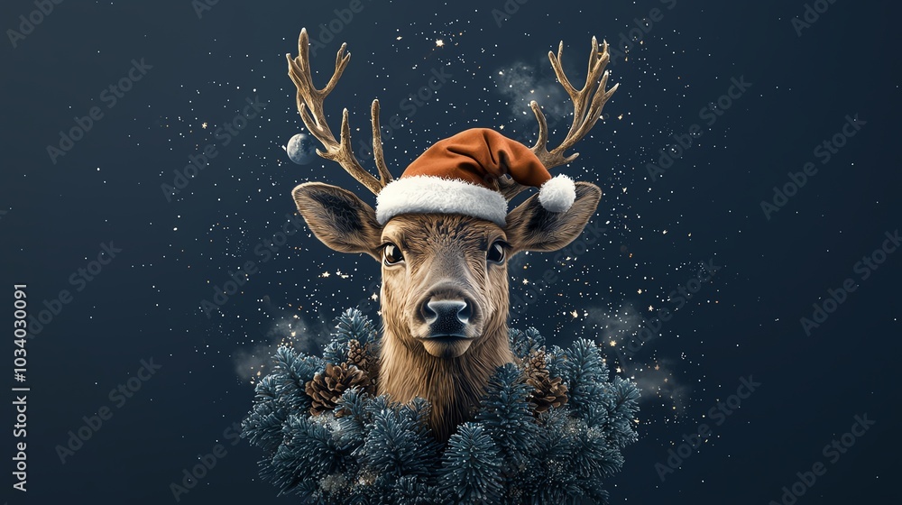 Reindeer with Santa hat flat design, top view, starlit sky theme, watercolor, colored pastel Reindeer with Santa hat flat design, top view, starlit sky theme, watercolor, colored pastel