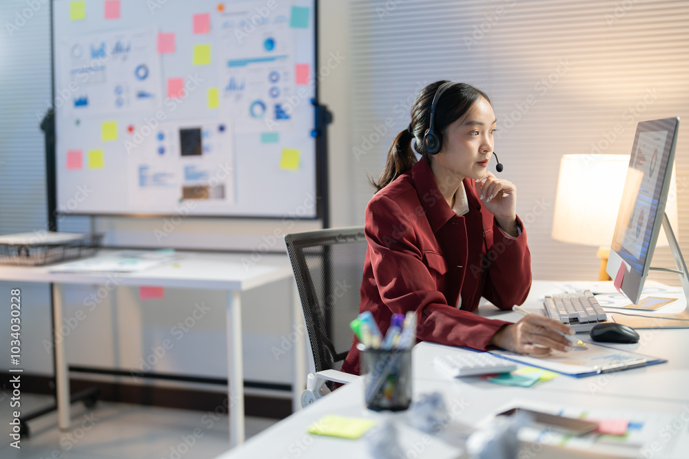 Young professional wearing a headset is working late in the office, reviewing data and spreadsheets while on a conference call Young professional wearing a headset is working late in the office, reviewing data and spreadsheets while on a conference call