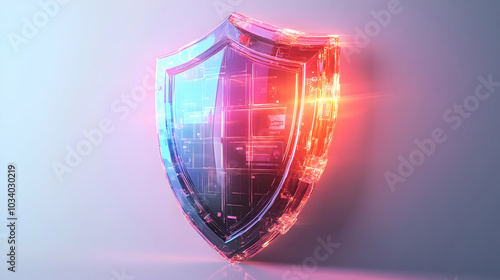 3D Holographic Election Security Shield Concept: Close-Up Glowing Shield Symbolizing Integrity with Rotating Features & Encryption Symbols Isolated on White Background photo