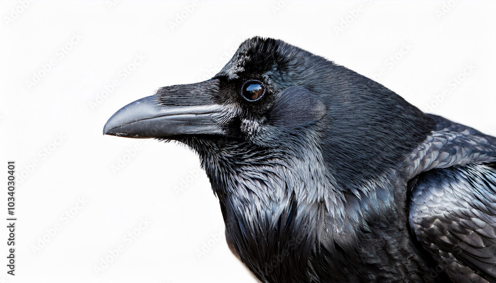 Close-Up of a Raven, Capturing Its Glossy Feathers and Intelligent Eyes Close-Up of a Raven, Capturing Its Glossy Feathers and Intelligent Eyes